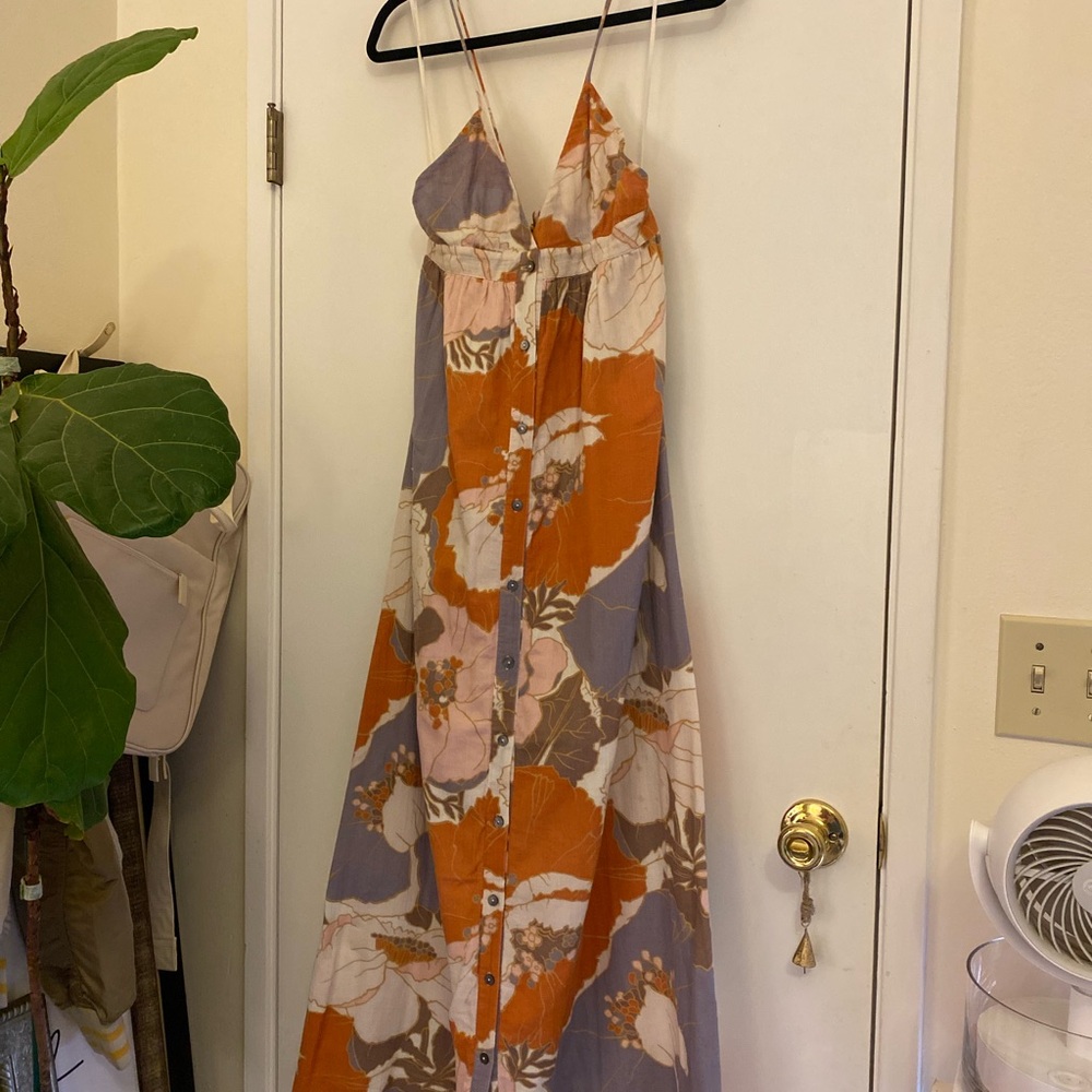 Floral Maxi Dress, Halter, Button Down in Orange and Purple